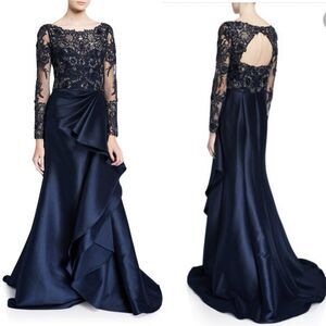 Badgley Mischka Women’s Long Sleeve Lace Gown Keyhole Back Sapphire Dress 6